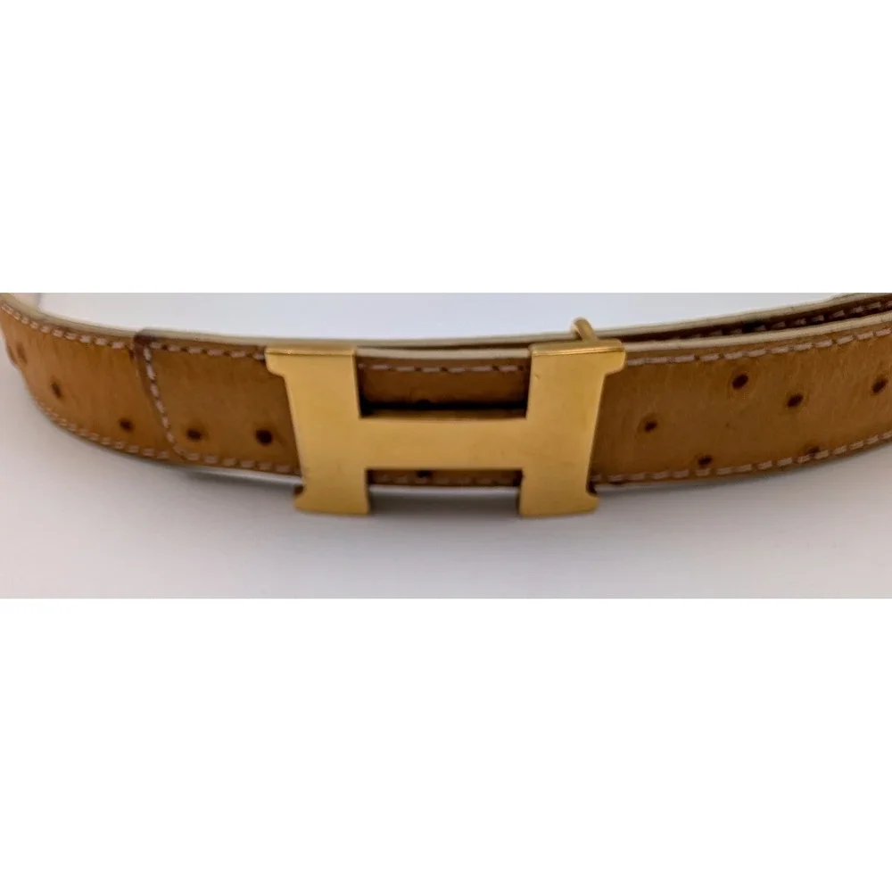 MaxTamara Ostrich Embossed Leather Belt Tan Gold H Buckle Made in Italy 37.5in